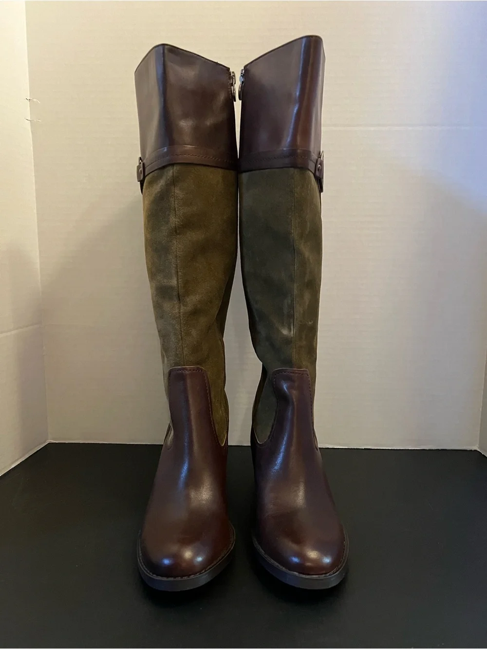 Etienne Aigner Olive Suede and Brown Leather Over-the-Knee Boots